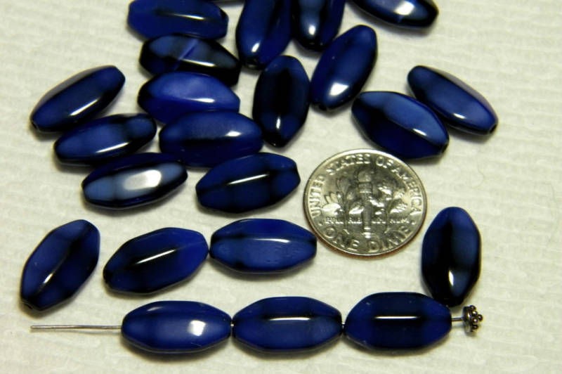 10 czech hexagon oval 15x8mm jet blue silk glass beads