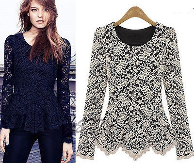 Womens Retro Peplum Lace Sheer Long Sleeve Blouse Jumper Shirt Tops 