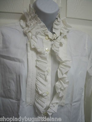 CREW WHITE COTTON TUXEDO PLEATED RUFFLE PRIEST COLLAR POETIC BUTTON 