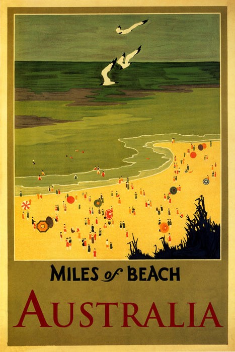 AUSTRALIA MILES OF BEACH UMBRELLAS OCEAN TRAVEL TOURISM VINTAGE POSTER 