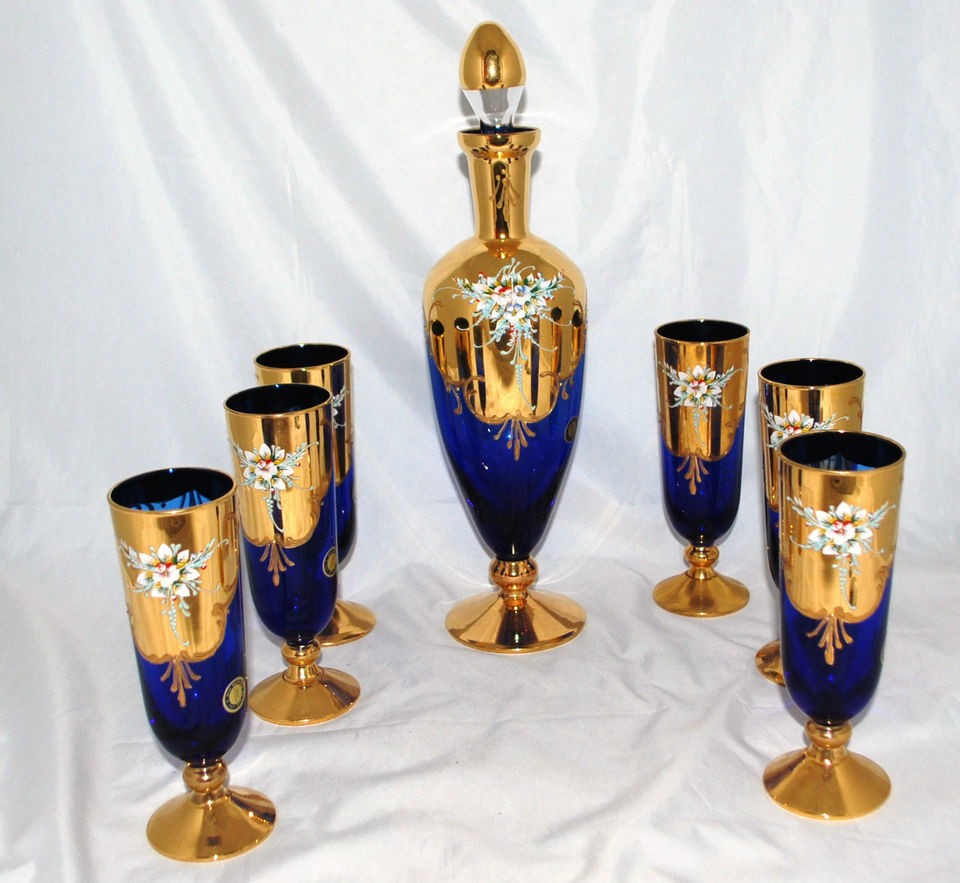 Murano 24 Kt Gold Cobalt Blue Decanter Goblet Set Original Label 