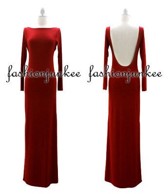 RED Long Backless Dress Sleeve Open Back Evening Full Length Cocktail 