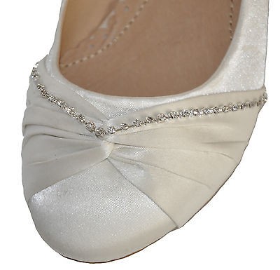 Diamante Satin Ivory Wedding Bridal Diamante Ballerina Flat Pumps 4 5 