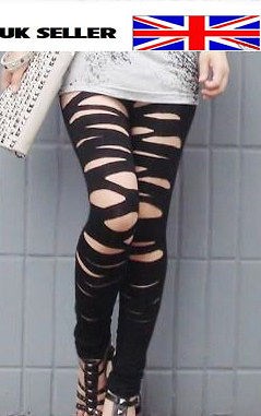 Womens Ladies lady GaGa sexy black ripped slashed leggings plus size 8 