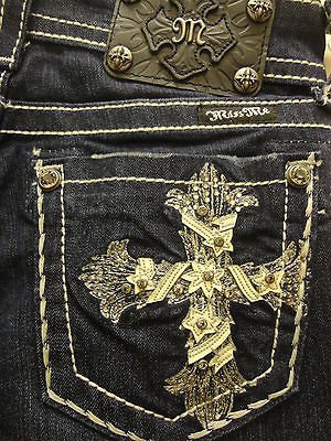 Miss Me Jeans NWT Leather Cross Stretch Denim Rhinestones Studs Boot 