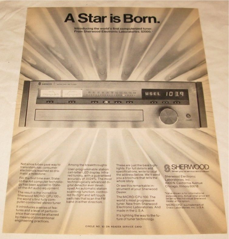 sherwood micro cpu 100 stereo tuner print ad 1977 time