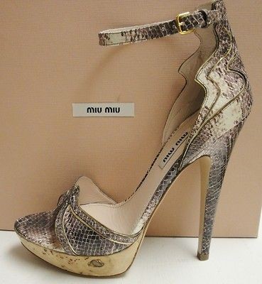 MIU MIU PRADA Roccia Snakeskin Leather Open Toe Platform Pumps Shoes 