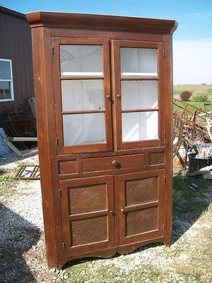 Mid 1800s Poplar Wood Corner Cupboard   Country Antique Wooden 