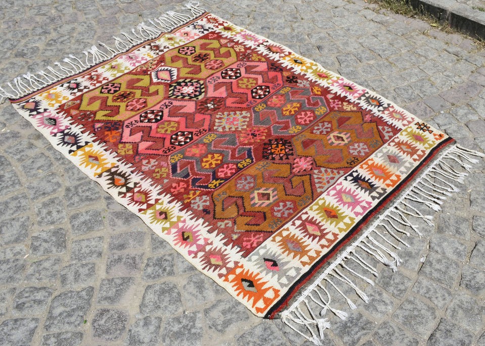   Rug 45 x 59 Hand Woven Wool Adana Kelim Kilim Rug 114 x 150 cm
