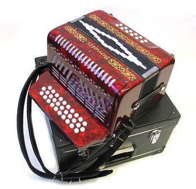 New Bonetti Red Diatonic Button Accordion FBE w/Case, Straps 