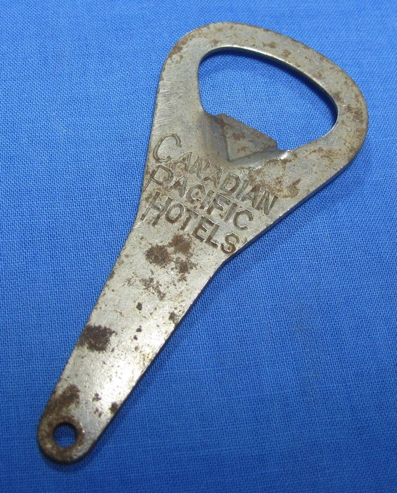 Vtg Canadian Pacific Hotels Railway Silvertone Metal Can Bottle Opener 