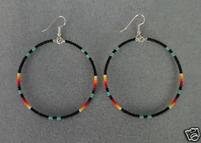 turquoise blac k beaded lg hoop earrings native american time