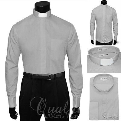 Lucasini Gray Clergy Nehru Shirt 22 36/37 White Collar Band French 