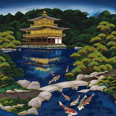 PAGODA SCENE TEAL/GOLD ASIAN JAPANESE FABRIC (24 X 22 PANEL)