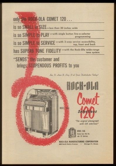 1954 Rock Ola Comet 120 model 1438 jukebox 1546 wall box trade print 