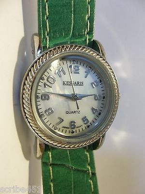 KESSARIS ##RUNS GREAT ## WOMENS QUARTZ, MOTHER OF PEARL,GREEN LEATHER 