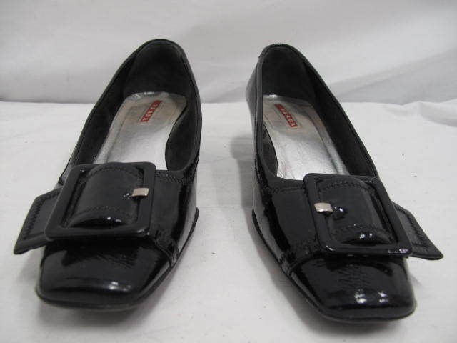 Prada Black Parent Leather Square Toe Buckle Kitten Heels 37