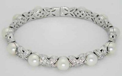 Bvlgari Bulgari 18K White Gold Diamonds Pearls Cuff Bangle Bracelet