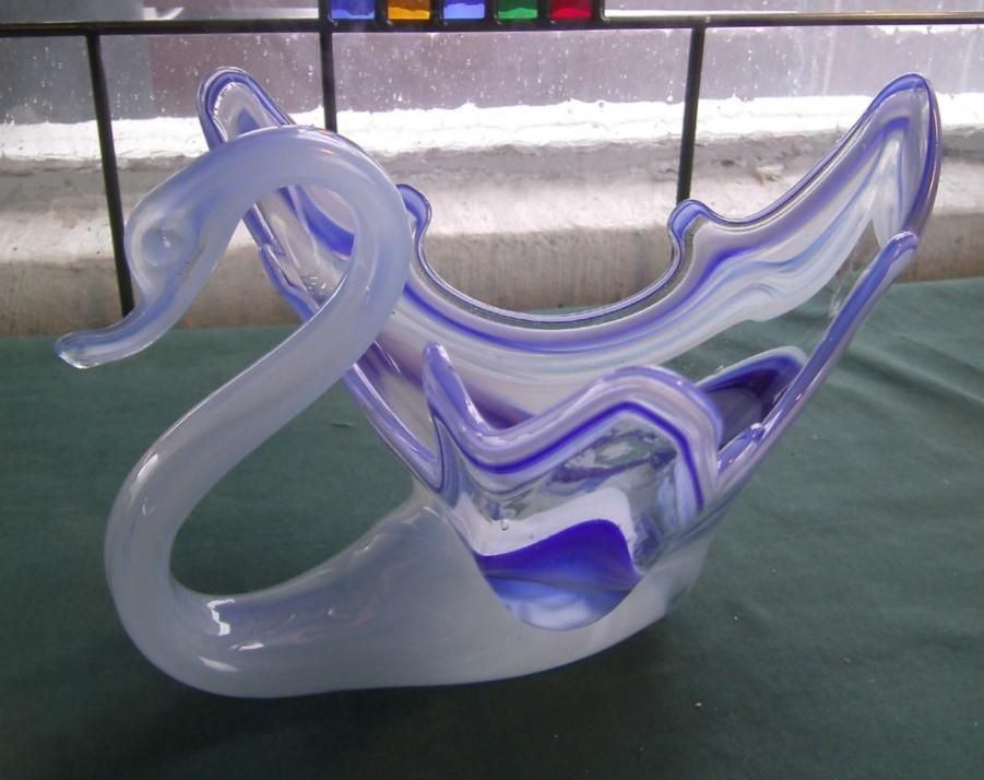 1960S OKLAHOMA SOONER ART GLASS COBALT BLUE SWAN PLANTER CENTERPIECE 