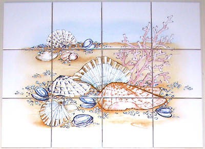 Sea Shells Ceramic Tile Mural Beach 12pc of 4.25 Backsplash Kiln 