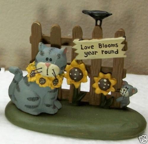 Gray Stripe Kitty Cat Garden Fence Mouse Crow Sunflower Figurine