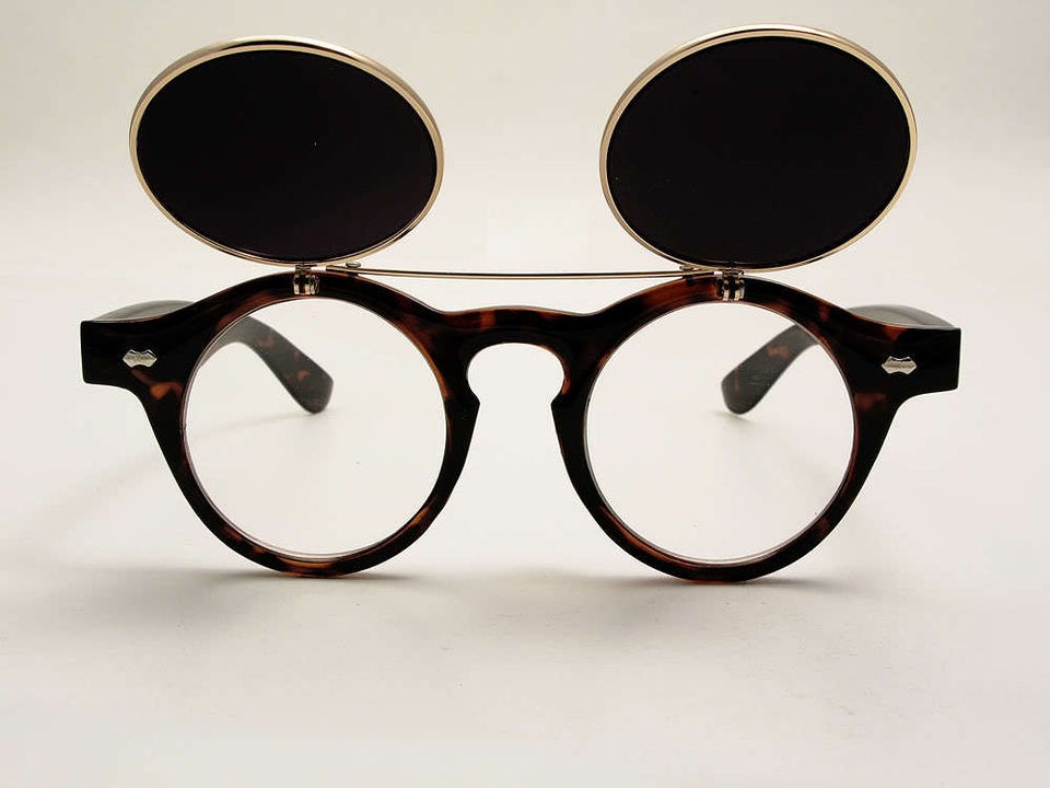Vintage Style Mens Womens Flip Up Round Steampunk Sunglasses Brown 
