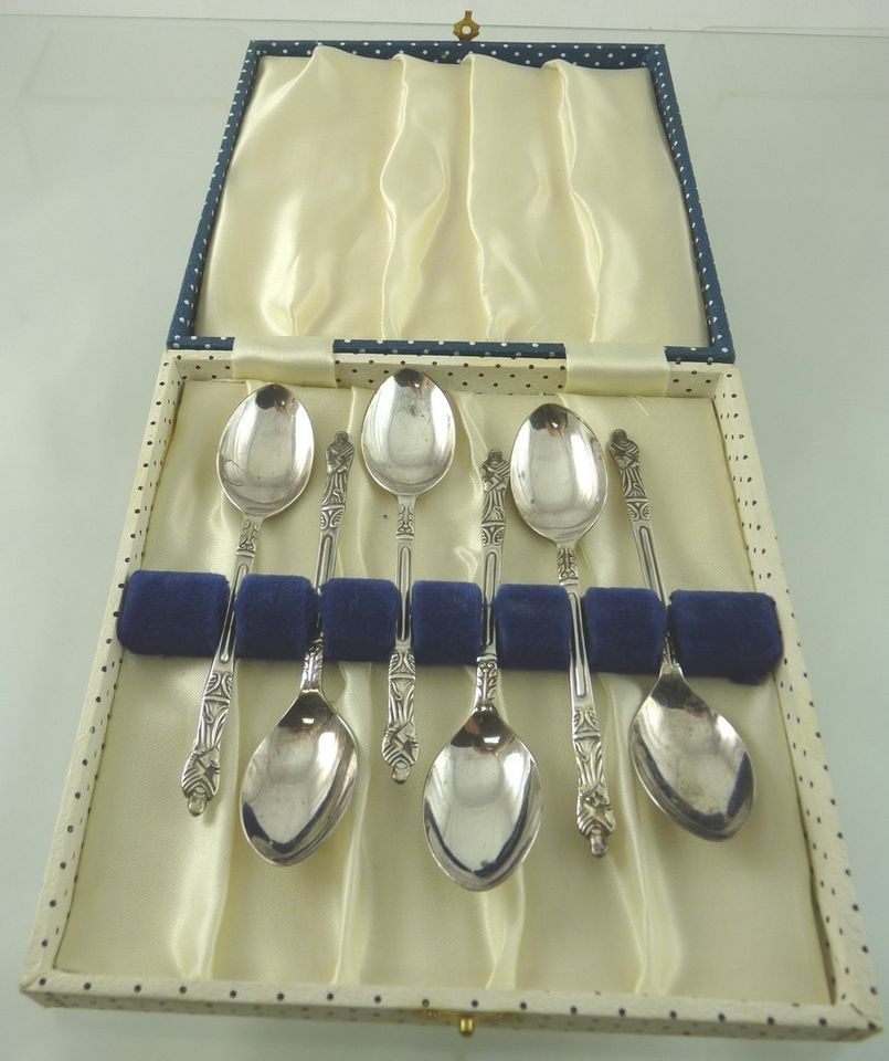 apostle cased set of 6 demitasse spoons by epns england