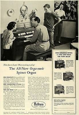 1957 Ad Baldwin Piano Spinet Organ Father Playing Musical Instrument 