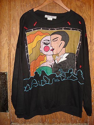 Jou Jou Unusual Black Picasso style Faces Cotton Sweatshirt   Sz 2X 