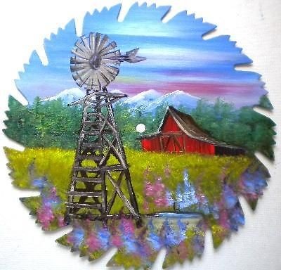 Hand Painted Saw Blade Art Mountain Spring Windmill and Red Barn