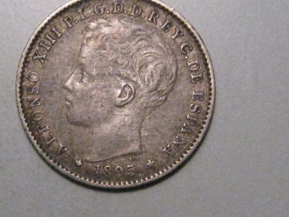 Rare 1895 Silver 20 centavos coin. PUERTO RICO. Better grade
