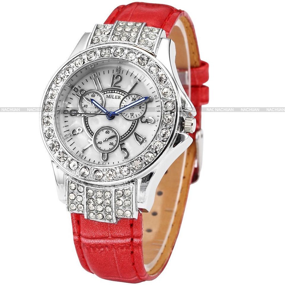   Fashion Silver Case Crystal Lady Women Red Leather Band Quartz Watch