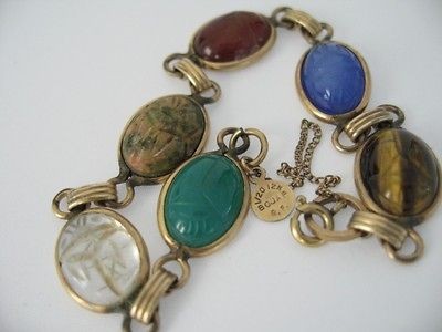 VINTAGE CARVED STONE SCARAB GOLD FILLED BRACELET Signed BOJAR