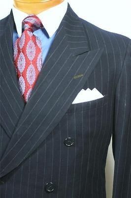 VTG 1940s Navy BLUE PINSTRIPE WOOL Double Breasted 2 PC Suit 38 40 S 
