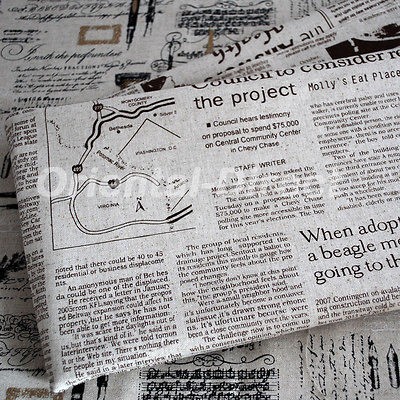 Retro Cotton Linen Blend Fabric   Newspaper News Print   Brown