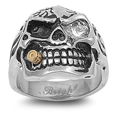 New Mens Stainless Steel Skull & Bullet Biker Ring   Sizes 9 15