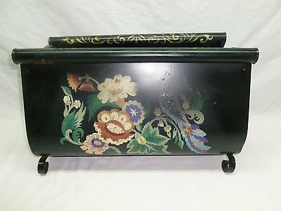 Vintage Antique Tole Black Floral Magazine Holder Rack Shabby Cottage 