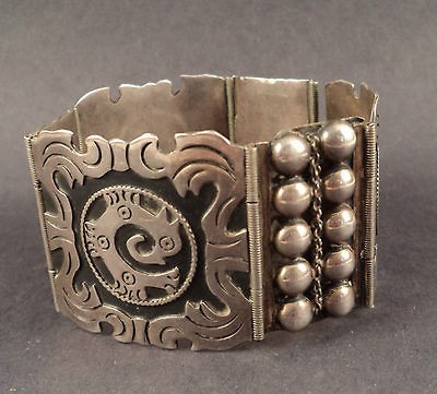 VTG Signed Sterling Silver TAXCO Mexico Cuff Bracelet Eagle Mark Aztec 