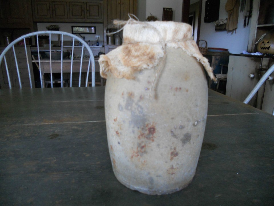 ANTIQUE PRIMITIVE SALT GLAZED STONEWARE CANNING CROCK 8 3/8 TALL