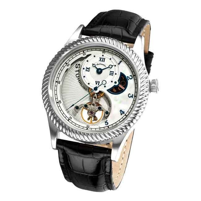 Stuhrling 91D 331516 Enigma Auto SS Case MOP/White Dial Black Leather 