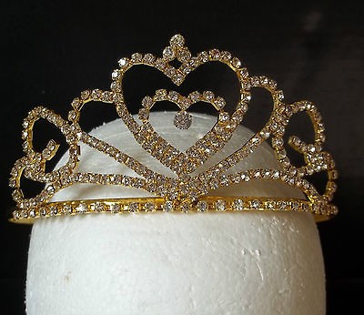 New Gold color Metal Wedding Bridal Prom Tiara Clear Double Heart