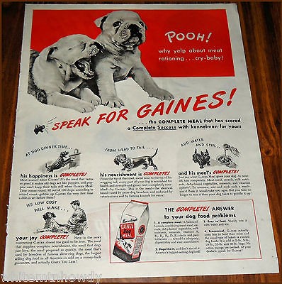 1945 English BULLDOG PUPPIES Vintage Gaines Dog Food Photo AD