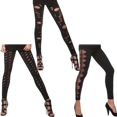   Footless Tights Pants Cutout Torn Distressed Goth Punk Emo Black