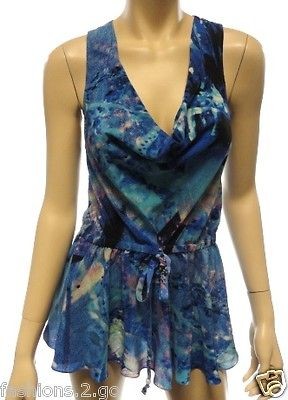 WOMENS TRACEY REESE 100% SILK BLUE COWL HALTER SHIRT TOP sz M MSRP$248 