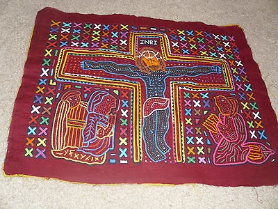 Mola WALLHANGING ~KUNA INDIAN ~ JESUS CHRIST on CROSS~HANDMADE 