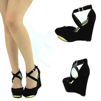 BLK/GOLD CLOSED TOE 5 HIGH HEEL PLATFORM MARY JANE WEDGE WOMEN PUMP 