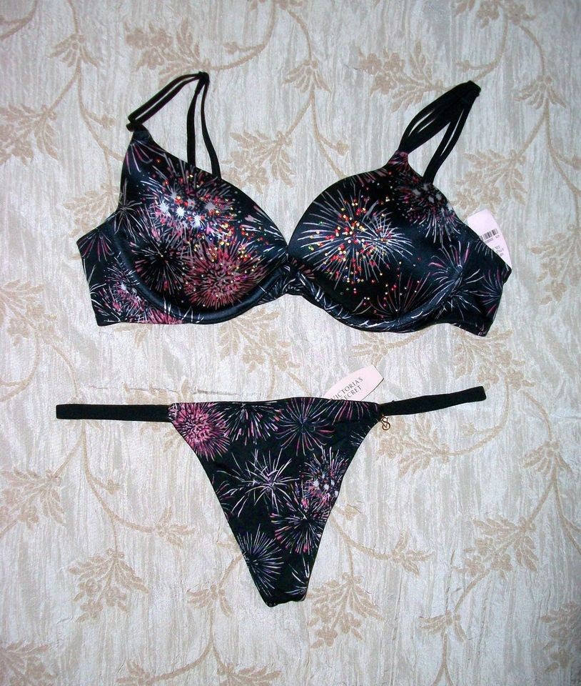 NWT Victoria Secret Very Sexy Plunge Gel Curve Fireworks Bra Set 36A O 