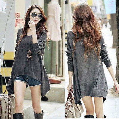 Women Korean Long Sleeve V Neck Casual Blouse Tops Shirt 7D425 Gray Sz 