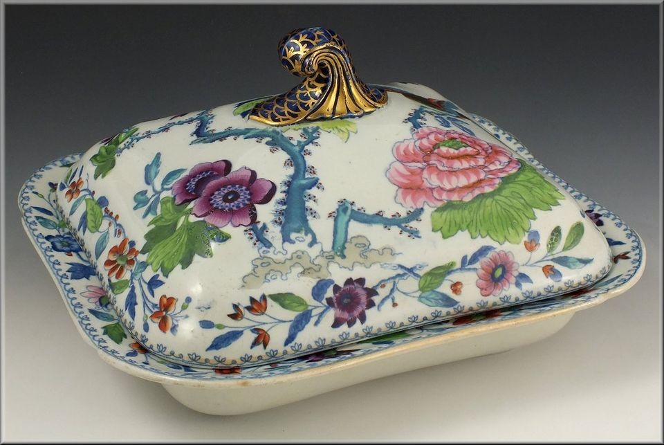 Fine 19th C Davenport Stone China Covered Tureen w/ Flying Bird 