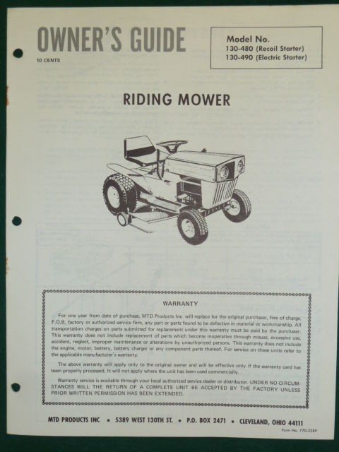   MTD RIDING MOWER OWNERS MANUAL PARTS LIST MODEL # 130 480 130 490